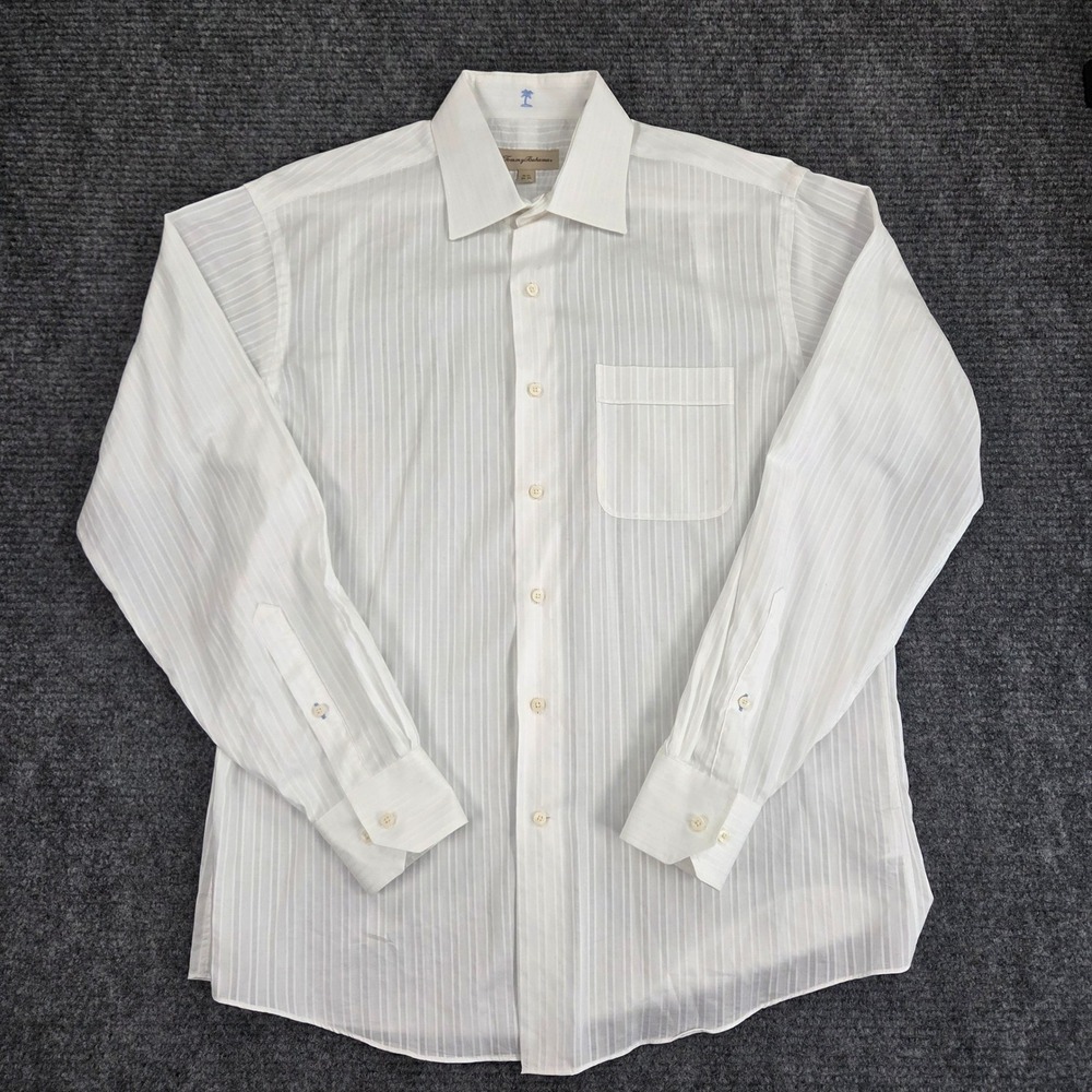 Tommy Bahama Mens White Striped Button Down Shirt 100% Cotton 15.5 34-35